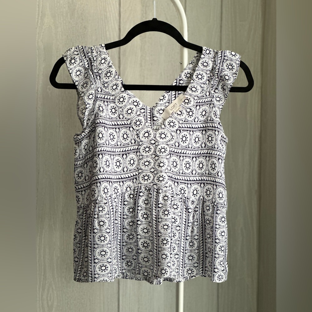 Loft Blue and White Medallion Flutter Blouse